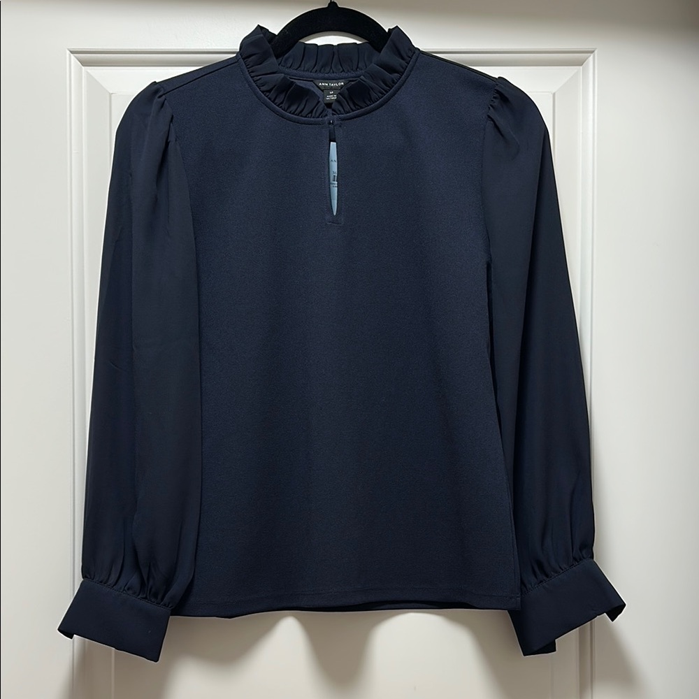 Ann Taylor Blue Blouse with Bishop Sleeves and Ruffled Details